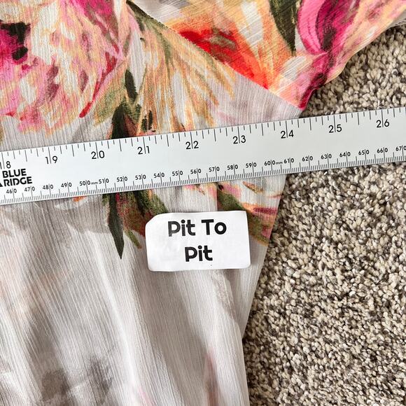 SUSAN GRAVER Women's L Floral Printed Sheer Chiffon Lace Trim Pleated Tunic Top - Picture 10 of 13